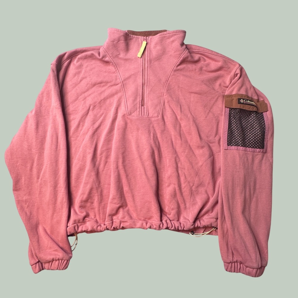 Columbia Pullover Womens XL AL4849 Pink Sleeve Pocket Quarter Zip Terry Relaxed